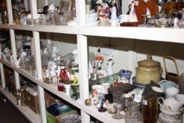 Full shelf of glass, china, teawares, figurines, Victorian ruby glass decanter,