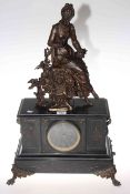 Victorian slate mantel clock mounted with spelter figure of lady holding a birds nest