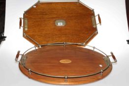 Oak and inlaid mahogany two handled gallery trays (2)