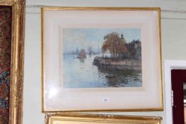 Ernest William Haslehurst, Continental River Scene, possibly Bruges, signed lower right,