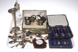 Silver wares including antique fish slice, napkin rings, early pocket watch, teaspoons, caster,