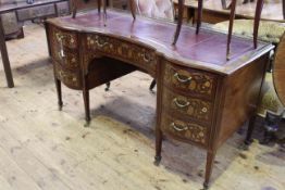 Edwardian floral marquetry and mahogany inverted shaped front seven drawer writing desk on square