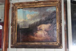 Attributed to George Morland, Pigs in Yard, bears inscription verso, oil on canvas, 52cm by 50cm,