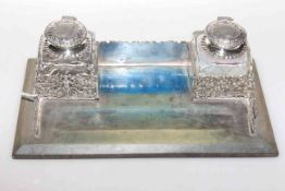 Silver mounted two bottle inkstand with ornate pierced and relief gallery