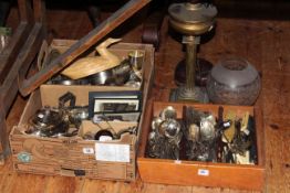 Collection of silver plated ware, cutlery, oil lamp,
