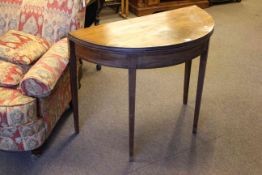 19th Century mahogany demi lune fold top tea table on line inlaid square tapering legs