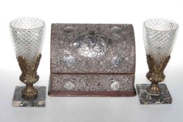 Embossed silver mounted stationery box together with fish eaters and brushes;