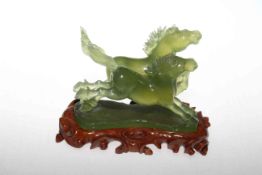 Bowenite green hand carved group of two galloping horses on stand,
