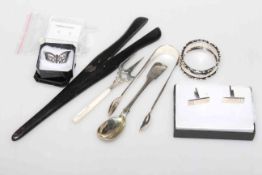 Silver tongs, spoon, napkin ring and fork, cufflinks, ear studs,