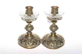 Pair Victorian ornate brass candlesticks with glass sconces