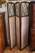 Inlaid rosewood three fold screen with glass and fabric panels