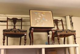 Pair Victorian turned leg nursing chairs and needlework panel top storage table (3)