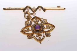 Late Victorian amethyst and seed pearl pendant, stamped 15CT,