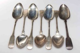 Six similar late Georgian Scottish silver fiddle pattern tablespoons,