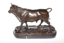 Modern bronze of a bull on marble plinth