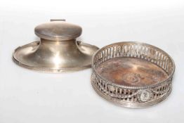 Silver oval capstan inkwell and Georgian silver wine bottle coaster (2)