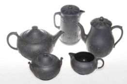 Wedgwood black basalt three piece tea set together with water jug and coffee pot (5)