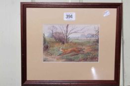 Charles Edwin Baldock, Hunted Fox, signed lower left, inscribed with verse verso, watercolour,