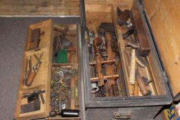 Vintage pine tool box with fitted trays and good selection of tools including plane, chisels,