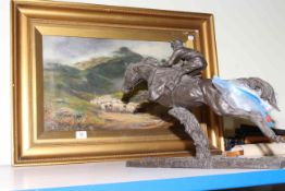 Gilt framed oil painting and horse sculpture