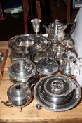 Collection of silver plated wares including entree dish, teapots, tray, basket,