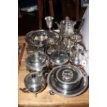 Collection of silver plated wares including entree dish, teapots, tray, basket,