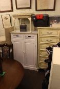 Cream and gilt finished six height chest, white painted cupboard and nest of two tables,