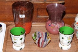 Three Italian art glass vases and pair of Bohemian white overlay glass vases