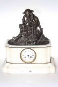 Victorian white marble mantel clock mounted with bronze figure of resting hunter