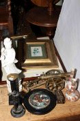 Three framed Chinese paintings, brass desk cannon, pot lid, Satsuma vases,