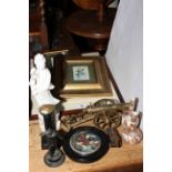 Three framed Chinese paintings, brass desk cannon, pot lid, Satsuma vases,