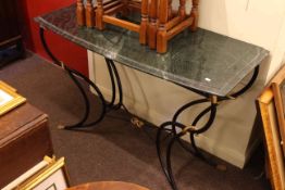 Cast metal console table with green marble top
