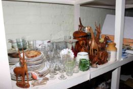 Collection of glass, china, cutlery, wooden ornaments, tea wares, Wedgwood,
