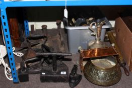 Collection of flat irons, brass and copper including horse brasses, Eastern jug, bowl,