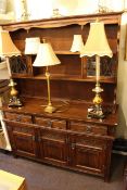 Old Charm oak linen fold dresser and rack with two leaded glazed doors