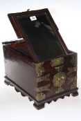 Oriental mahogany and brass bound jewellery box with convertible mirrored lid,
