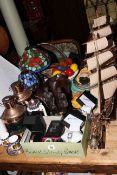 Stained glass table lamps, watches, wood elephant and rhino, model ship,