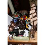 Stained glass table lamps, watches, wood elephant and rhino, model ship,