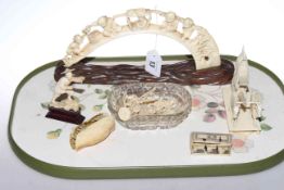 Antique ivory bridge carving, shell, box, figures,
