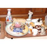 Tray lot with Royal Doulton and Poole plates, animal figures, Cantonese vase,