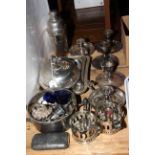 Silver plated chamber candlesticks, entree dish, cocktail shaker,