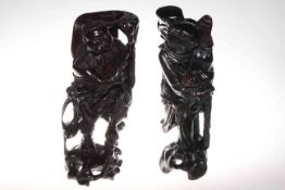 Two Chinese carved wood figures/immortals, one Liu Hai holding three legged toad,