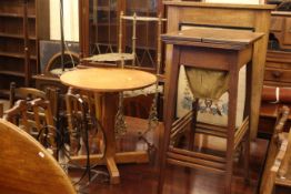 Mahogany sewing table, needlework firescreen, brass cakestand,