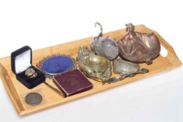 Small tray with silver purse, ashtrays, swan pin cushion, coins,