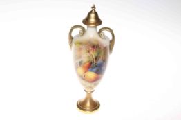 Royal Worcester fruit painted vase and cover, signed Ricketts,