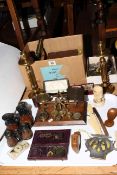 Tray lot and box with postal scales, binoculars, microscope, brass candlesticks,