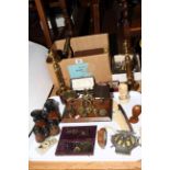 Tray lot and box with postal scales, binoculars, microscope, brass candlesticks,