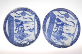Pair of Japanese blue and white chargers, circa 1900, 31.