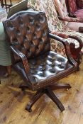 Chapmans deep buttoned brown leather swivelling desk chair