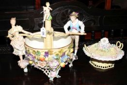 Continental porcelain table centre piece and basket work and floral encrusted bowl and cover